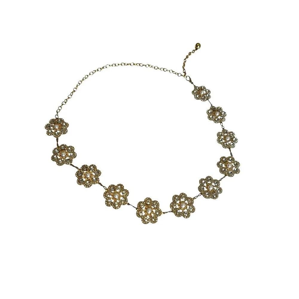 Vintage Crystal Rhinestone Flower Chain Belt Women Gold Bridal Sparkle